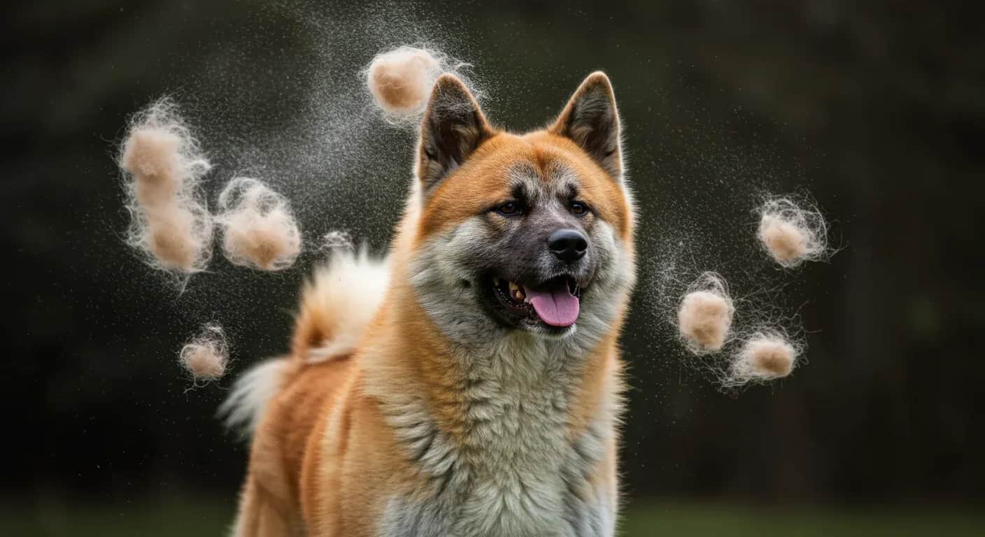 Close-up portrait of a red Akita dog actively shedding their thick double coat, with loose fur visible in the air around them, demonstrating the natural shedding process discussed in the article