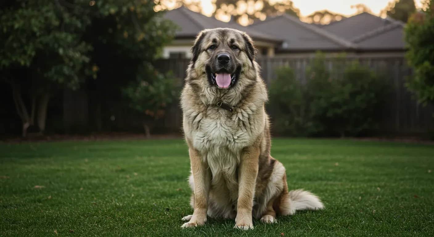 A large Caucasian Shepherd Dog sitting centered in frame in an Australian backyard, demonstrating the impressive size and gentle nature of this giant breed discussed in the health article