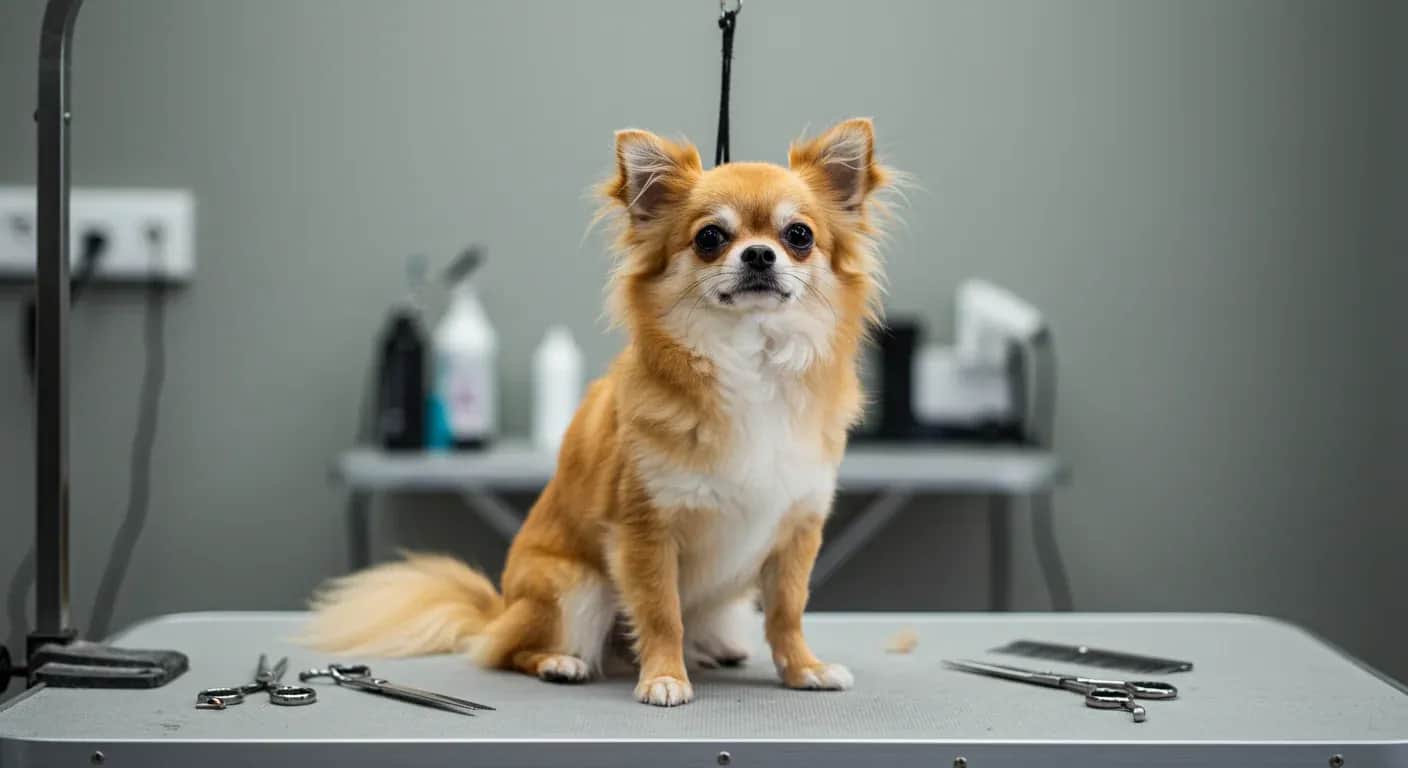 A well-groomed long-haired Chihuahua sitting on a professional grooming table, showcasing the results of proper grooming care with various grooming tools visible in the background