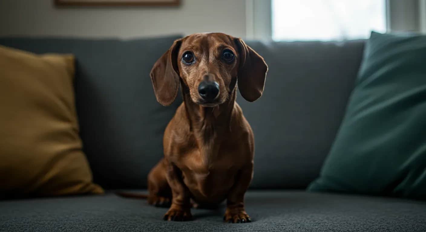 A worried-looking Dachshund sitting on a sofa looking directly at the camera, representing the emotional challenges of separation anxiety in this breed