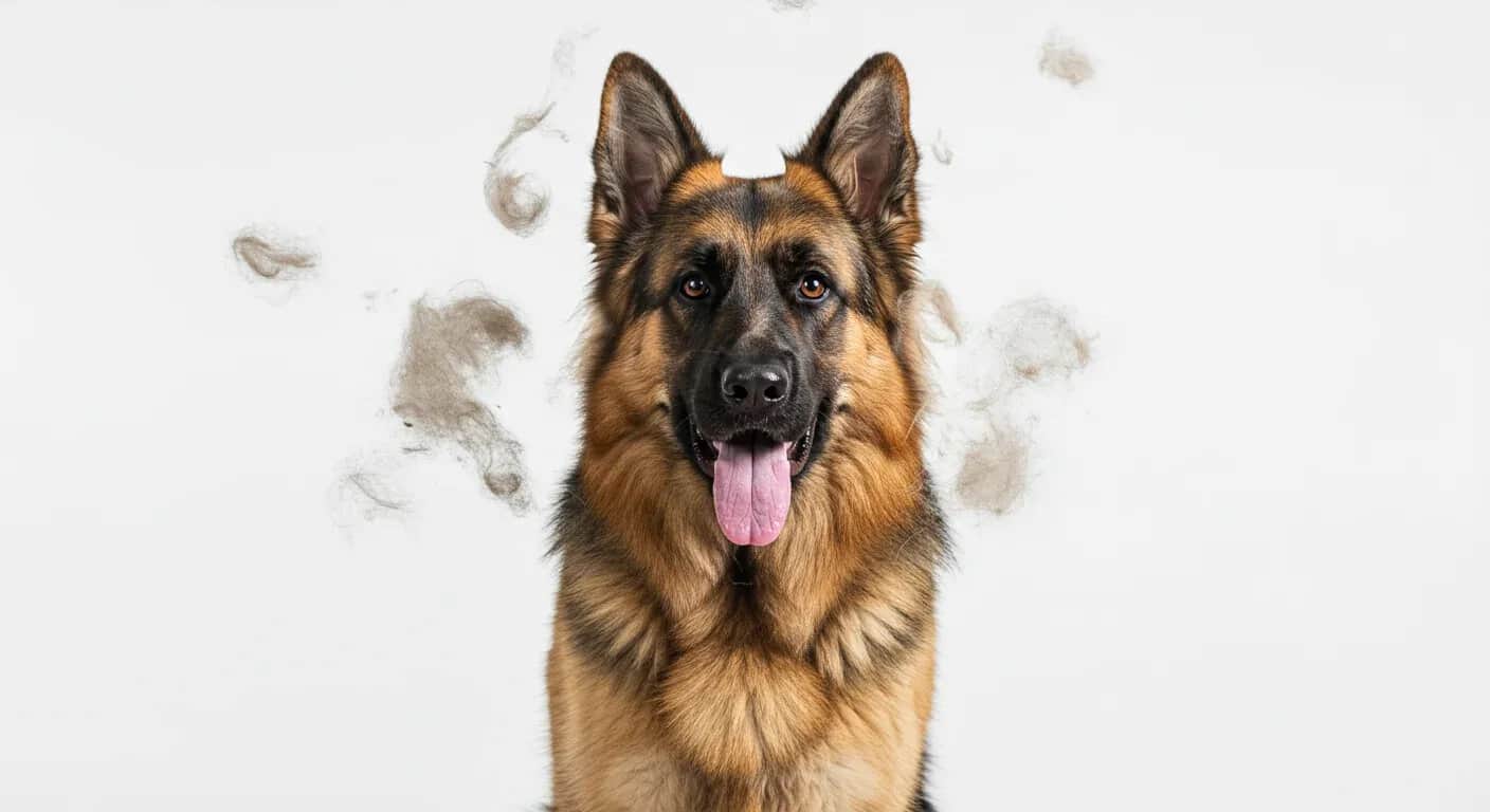 German Shepherd dog centered in frame with visible shedding fur around it, illustrating the article's focus on managing German Shepherd shedding