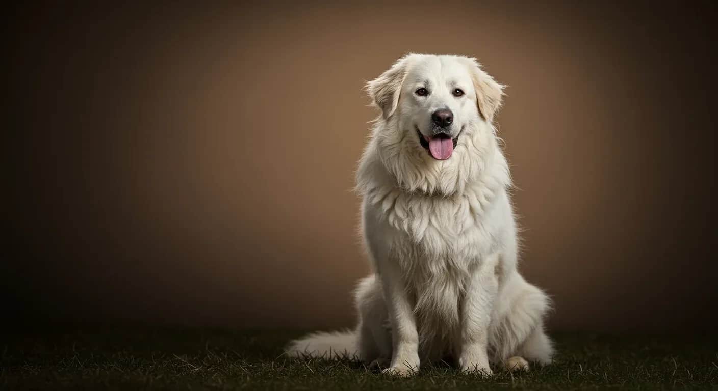 Adult Komondor dog with characteristic white corded coat sitting in centered portrait pose, demonstrating the breed's distinctive rope-like coat texture that requires specialized grooming care