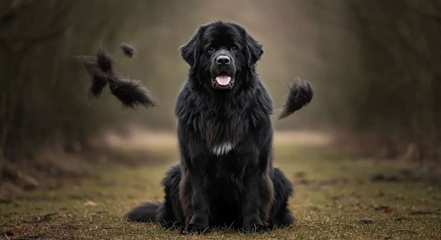 A large black Newfoundland dog with its characteristic thick double coat, showing the natural shedding that owners need to manage through proper grooming techniques