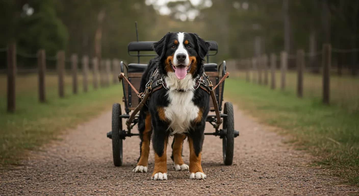 A Bernese Mountain Dog wearing a drafting harness attached to a wooden cart, demonstrating the breed's traditional carting abilities and working heritage