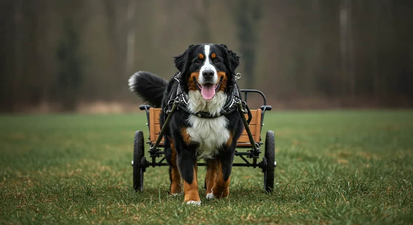 A Bernese Mountain Dog wearing a drafting harness and pulling a wooden cart across a grassy field, demonstrating the breed's natural carting abilities that the article discusses