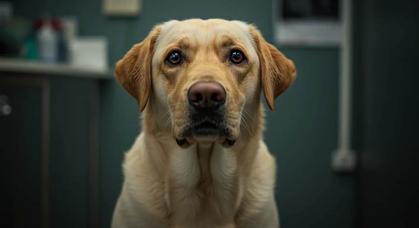 Close-up portrait of a yellow Labrador Retriever looking directly at camera with a gentle, slightly worried expression, representing dogs affected by allergies