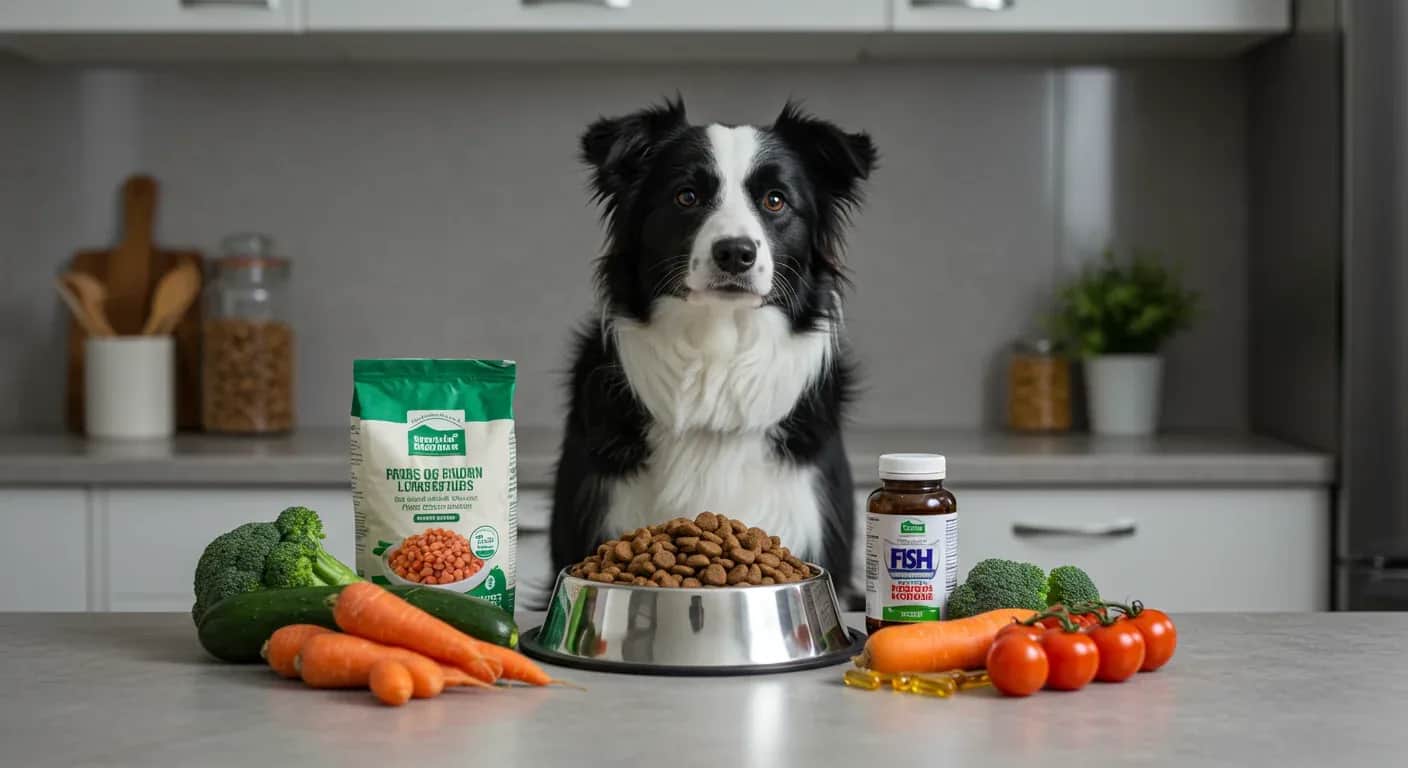 Border Collie sitting next to food bowl with nutritious ingredients, illustrating the importance of proper nutrition for this active breed