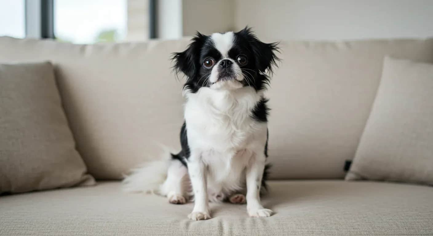 A Japanese Chin dog with black and white coat sitting on a cream sofa, looking directly at the camera with an alert, devoted expression that captures their loyal temperament