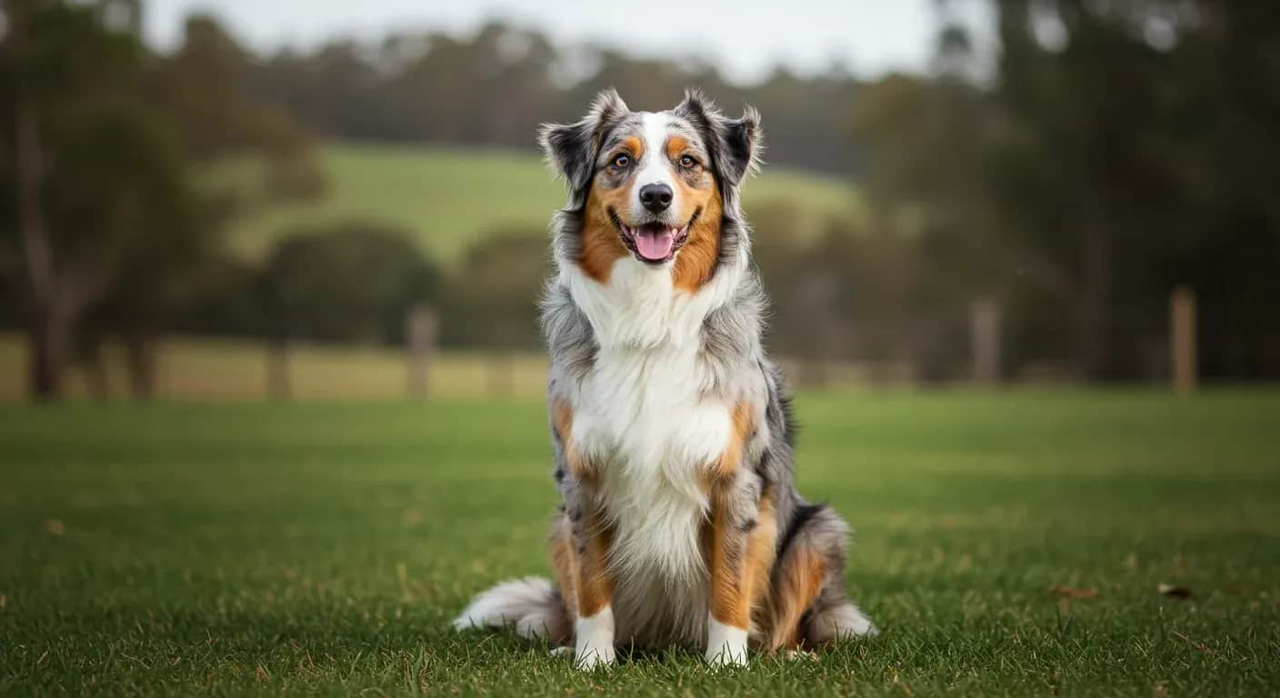 Australian Shepherd dog sitting centered in frame with mouth open in a barking expression, demonstrating the breed's vocal nature discussed in the article about managing their barking behavior