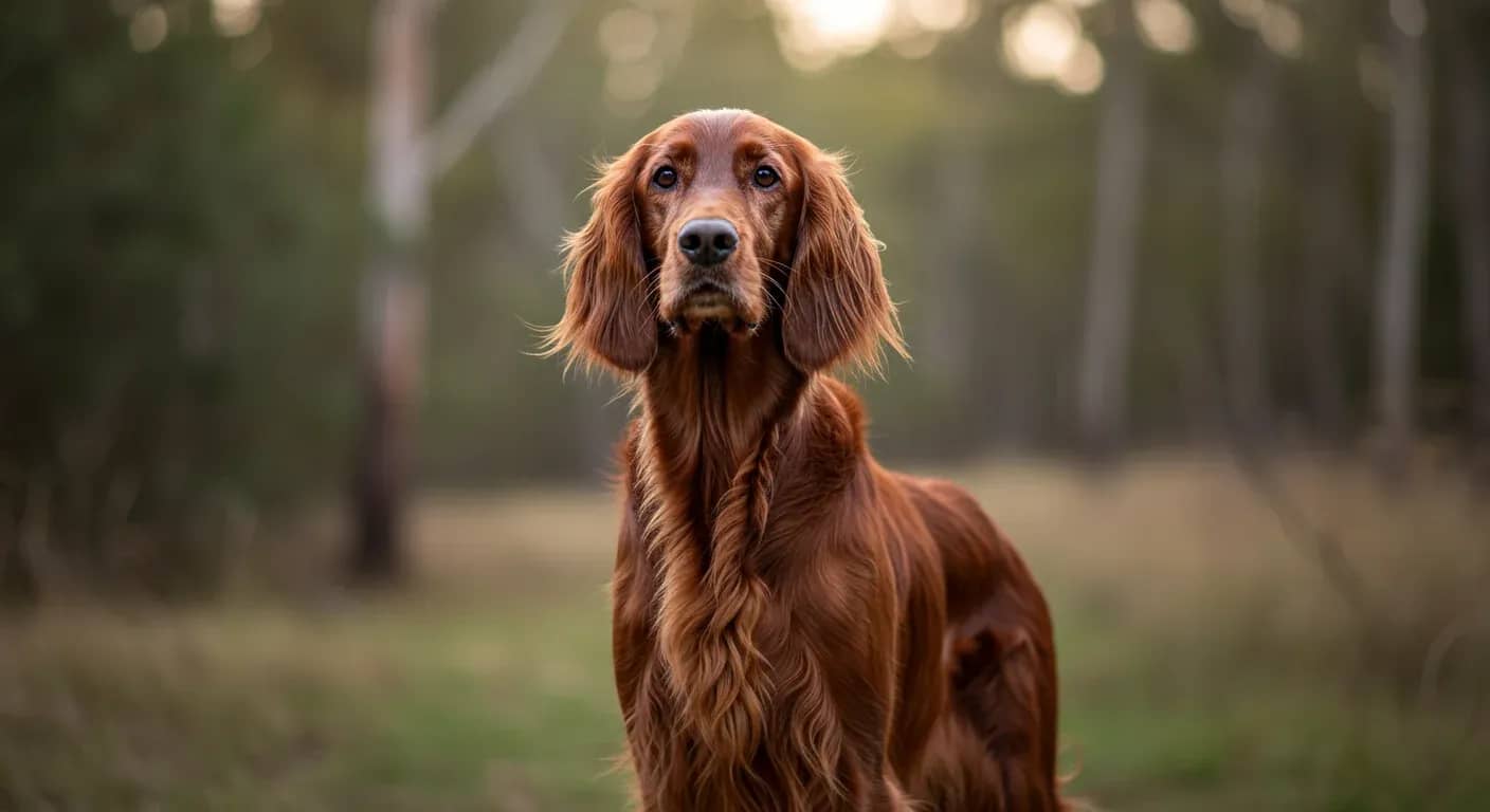 A beautiful Irish Setter with flowing red coat standing alert in an Australian natural setting, representing the breed's health and vitality discussed in the article about common health issues and prevention