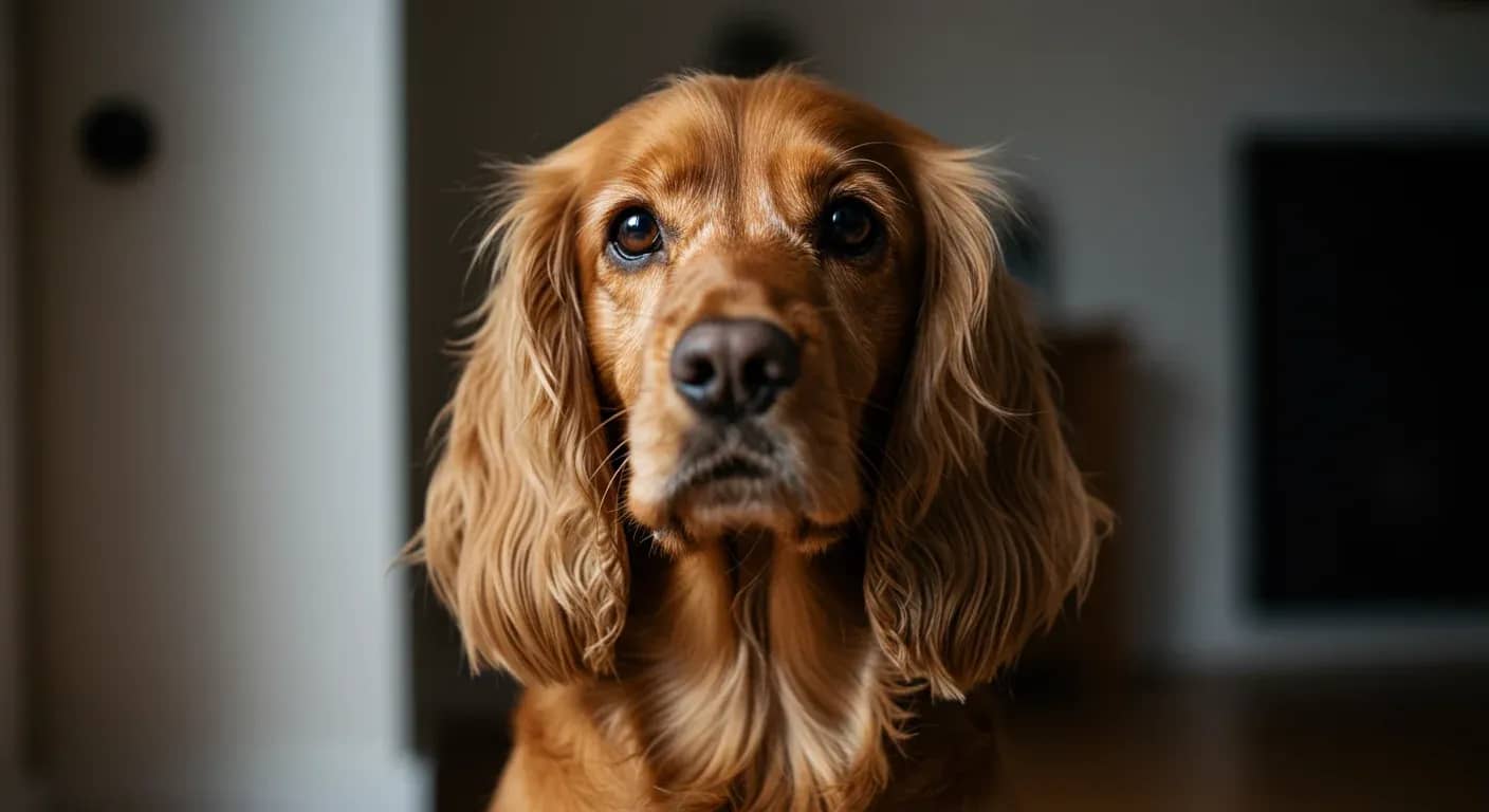 Golden English Cocker Spaniel with gentle expression in home setting, representing the breed discussed in the aggression management article