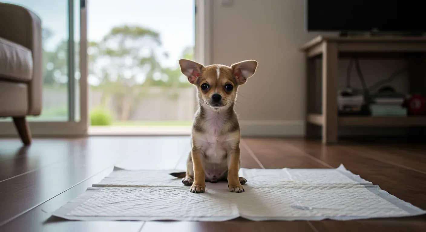 Small Chihuahua puppy sitting on a training pad indoors, representing the focus on effective potty training methods for this toy breed