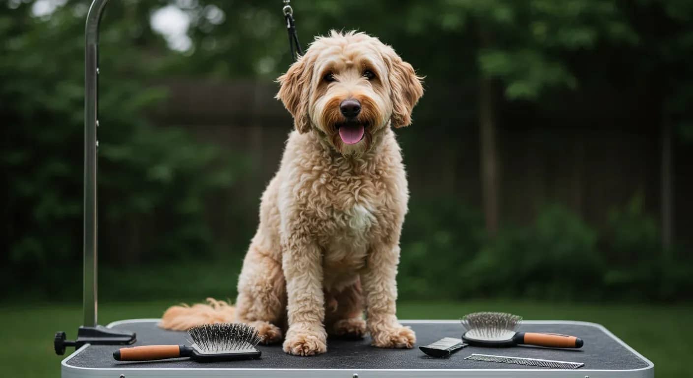 A cream-colored Labradoodle with curly coat sitting on a grooming table surrounded by various brushes including slicker brushes and metal combs, demonstrating the essential tools for Labradoodle coat care