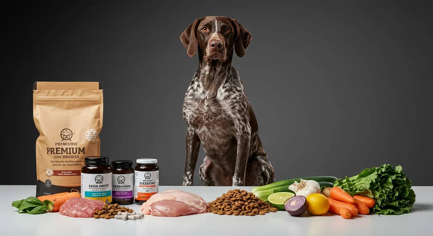 German Shorthaired Pointer centered in frame surrounded by high-quality dog food and fresh ingredients, illustrating proper nutrition for the breed