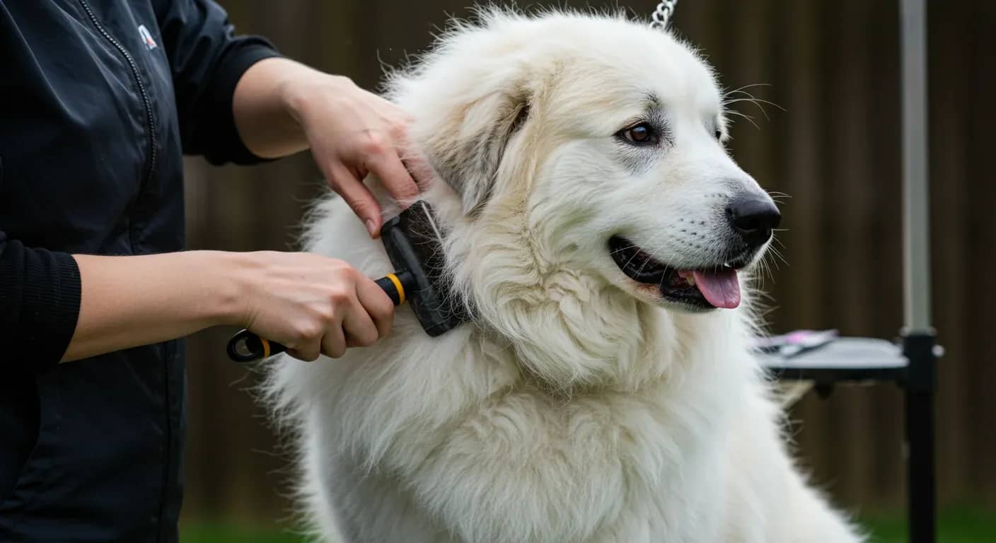 A Great Pyrenees dog with thick white fluffy coat being gently brushed during a grooming session, demonstrating the essential grooming care these dogs require