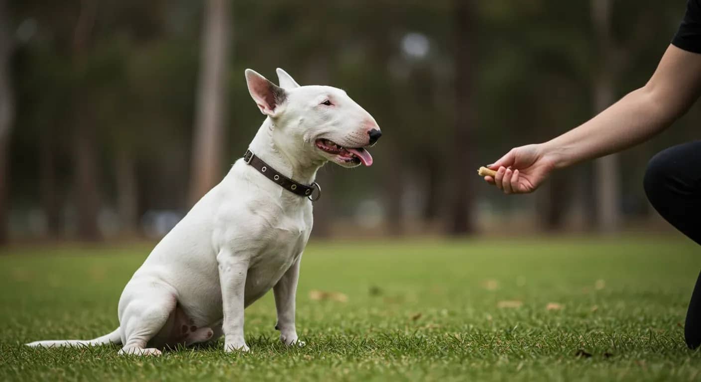A well-behaved Bull Terrier sitting attentively during training, demonstrating the positive results of proper aggression management techniques