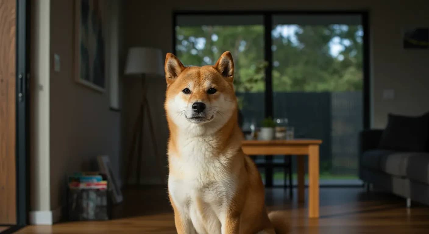 Professional portrait of a red Shiba Inu sitting calmly in a modern living room, demonstrating the breed's naturally alert but composed demeanor that the article discusses in relation to managing aggressive behaviors