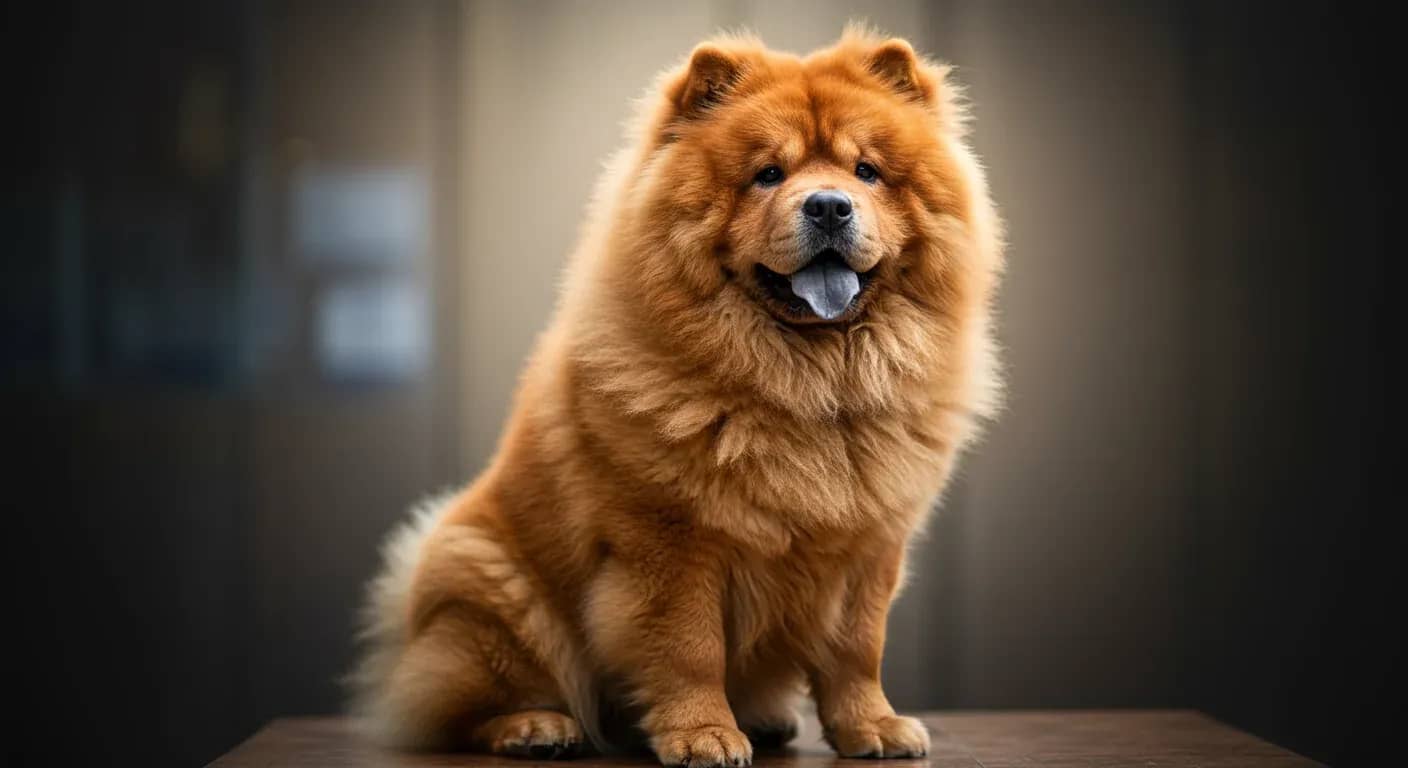 A majestic red Chow Chow sitting in a veterinary clinic, representing the importance of regular health monitoring and care for this breed prone to various health conditions