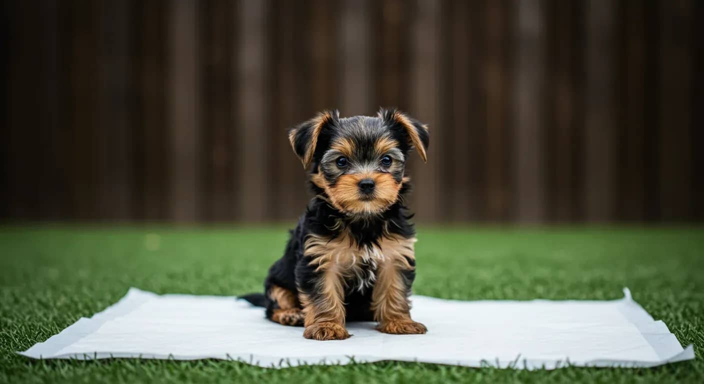 Adorable Yorkshire Terrier puppy sitting on a white training pad, demonstrating the article's focus on potty training these small breed puppies