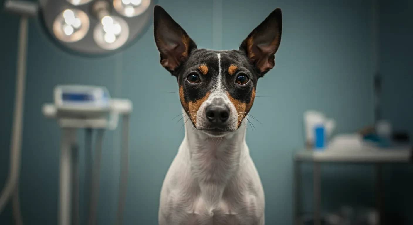 A healthy Rat Terrier sitting alert in a veterinary clinic, representing the breed's health monitoring and preventive care needs discussed in the article