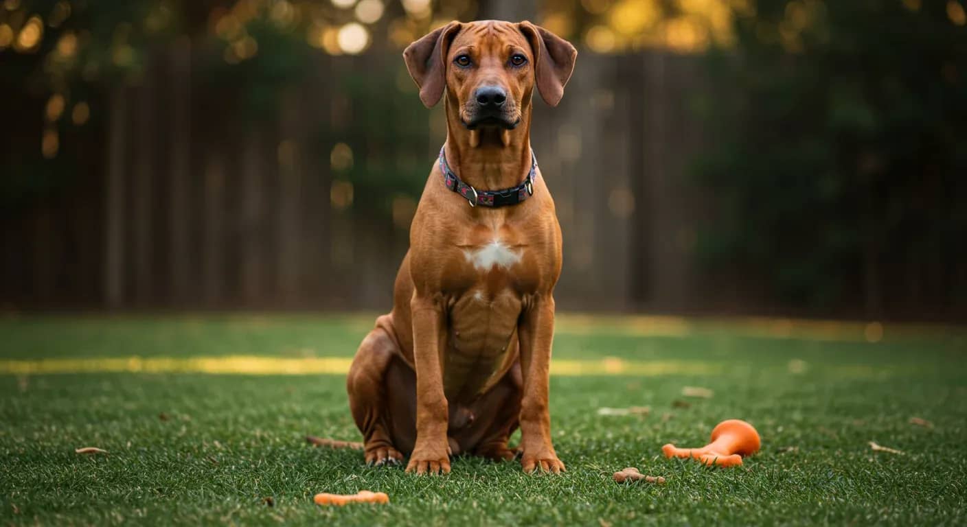 Young Rhodesian Ridgeback puppy sitting attentively during training session, showing the breed's distinctive ridge and alert expression that captures their intelligent yet independent nature