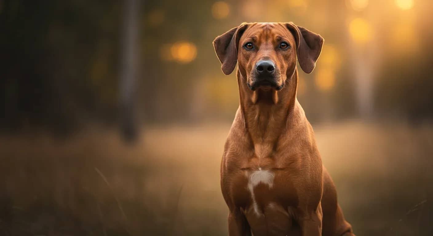 A confident Rhodesian Ridgeback sitting in a centered portrait pose, showcasing the breed's intelligent expression and distinctive ridge, representing their independent yet trainable nature discussed in the training article