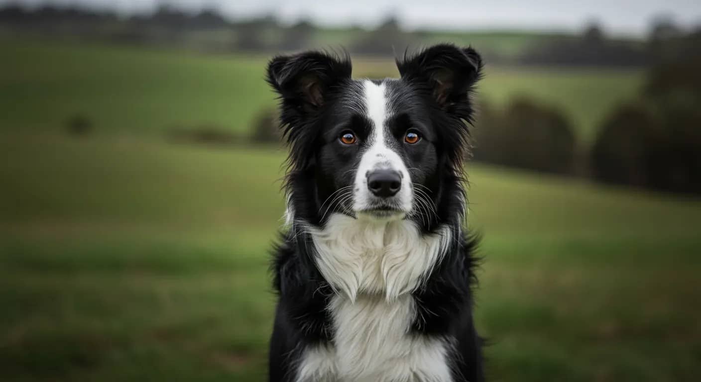 Alert Border Collie with intense, intelligent eyes centered in frame against blurred Australian countryside, showcasing the breed's renowned intelligence and herding instincts