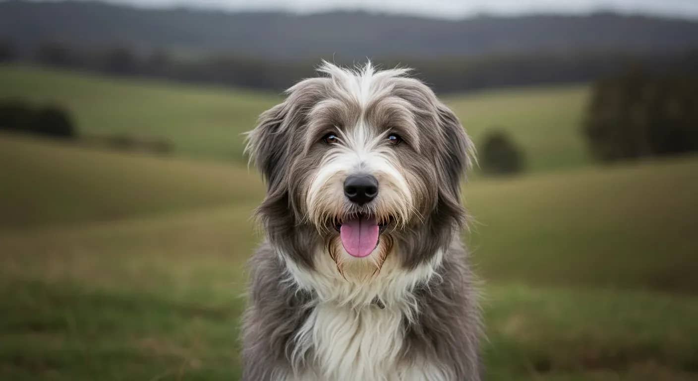 A Bearded Collie with long, shaggy coat centered in frame, looking directly at camera with an intelligent, happy expression against a blurred Australian countryside background