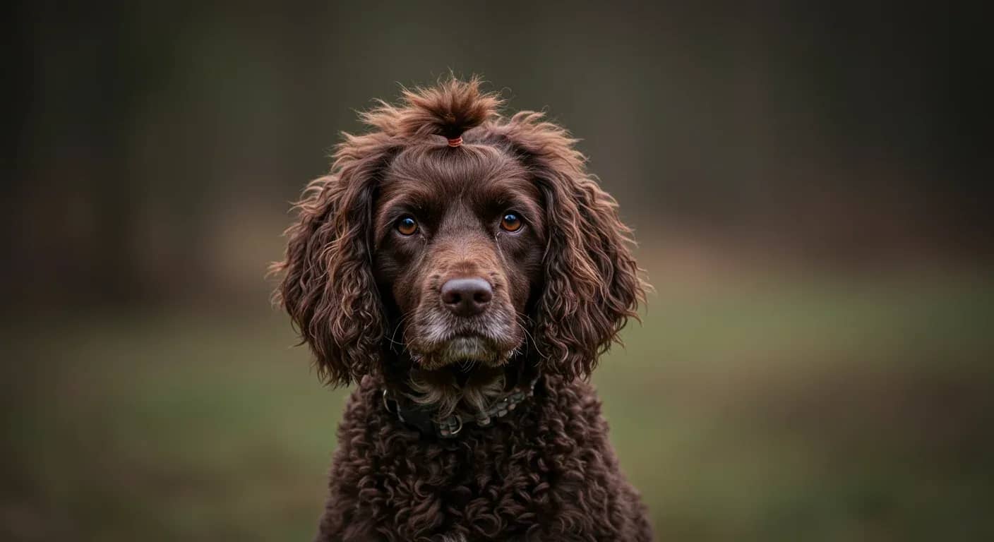 Professional portrait of an Irish Water Spaniel showcasing the breed's distinctive curly coat and intelligent expression, representing their complex temperament discussed in the article