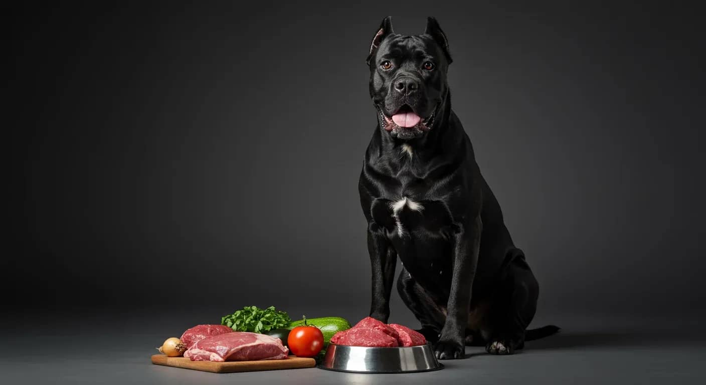A powerful black Cane Corso dog sitting beside a bowl of fresh raw meat and vegetables, representing the breed's specific dietary needs for high-quality protein and nutrition
