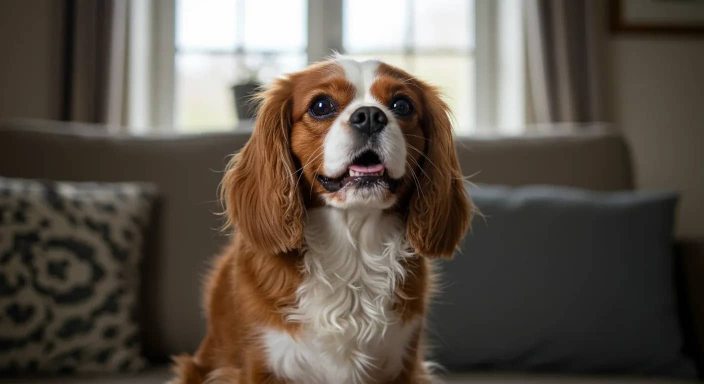 A Cavalier King Charles Spaniel with Blenheim markings sitting indoors with mouth open in a barking expression, illustrating the article's focus on understanding and managing barking behavior in this breed