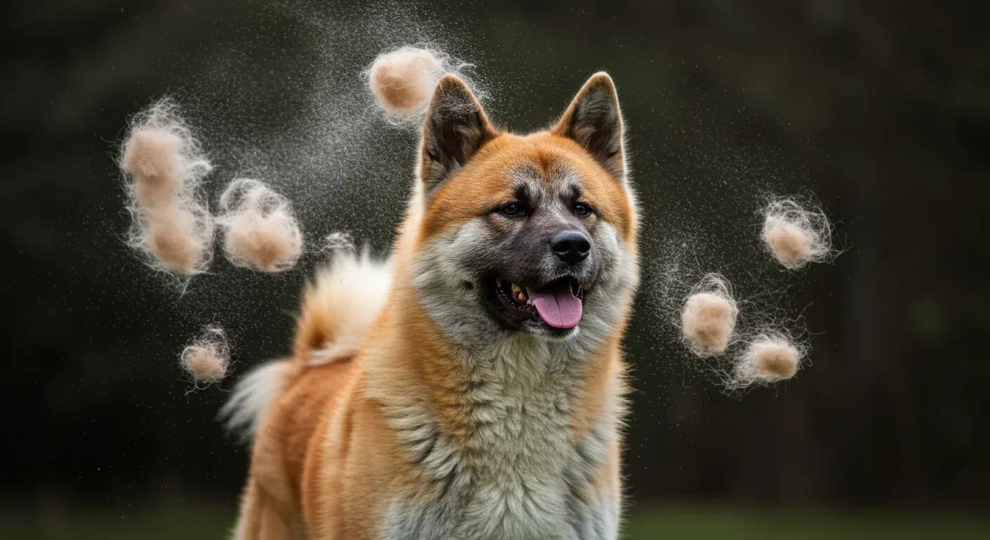 Close-up portrait of a red Akita dog actively shedding their thick double coat, with loose fur visible in the air around them, demonstrating the natural shedding process discussed in the article