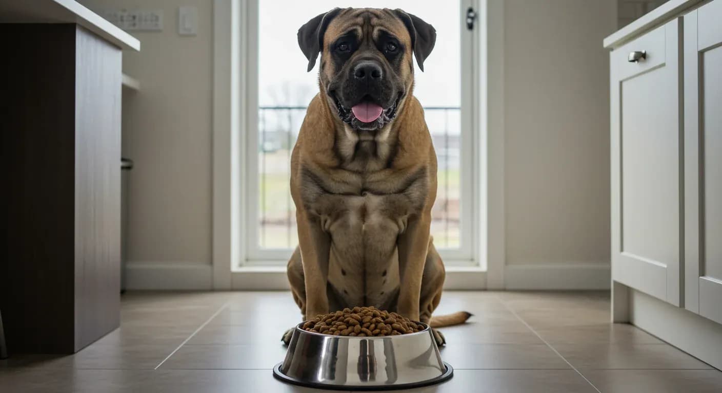 Large Mastiff dog sitting behind a food bowl in a modern kitchen, illustrating the article's focus on proper nutrition for giant breed dogs