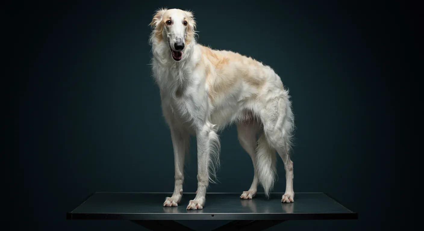 Elegant white Borzoi dog centered in a veterinary setting, representing the breed's beauty and the importance of health monitoring for these graceful sighthounds