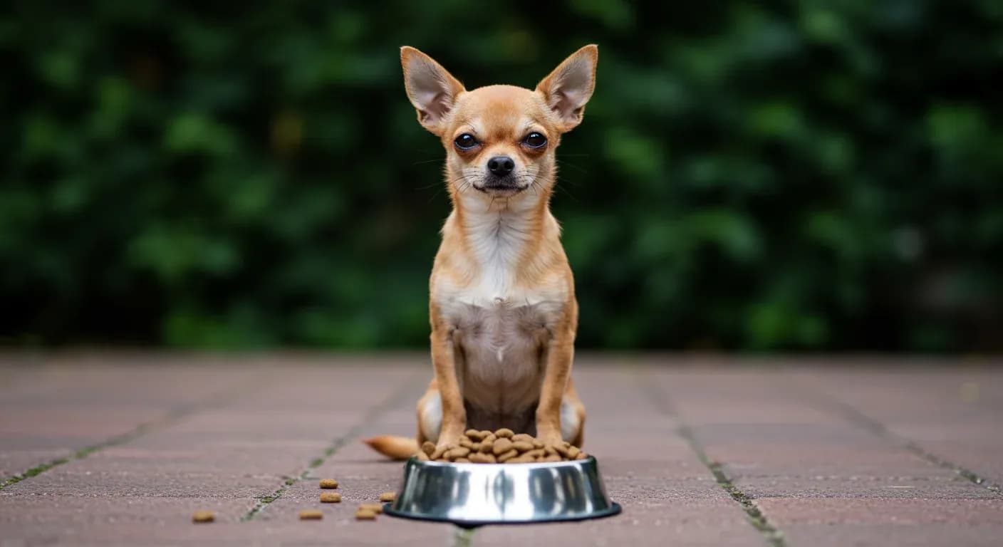 A small Chihuahua positioned in the center of the frame next to a bowl of appropriately sized kibble, demonstrating the importance of choosing the right food size for tiny breed dogs