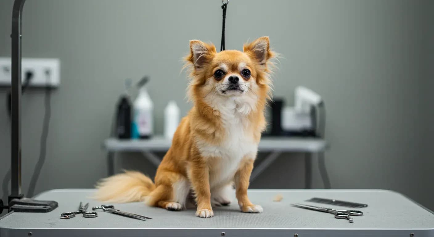 A well-groomed long-haired Chihuahua sitting on a professional grooming table, showcasing the results of proper grooming care with various grooming tools visible in the background
