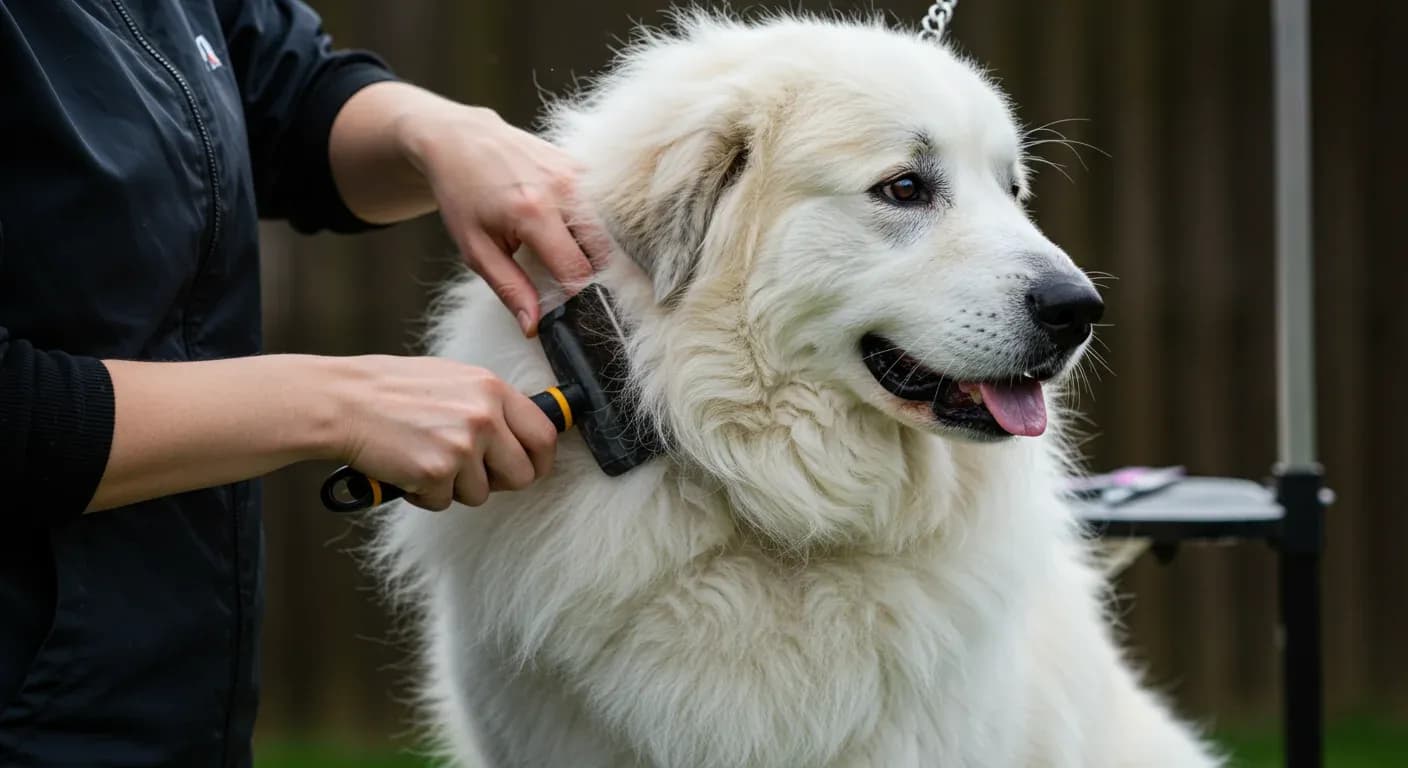 A Great Pyrenees dog with thick white fluffy coat being gently brushed during a grooming session, demonstrating the essential grooming care these dogs require