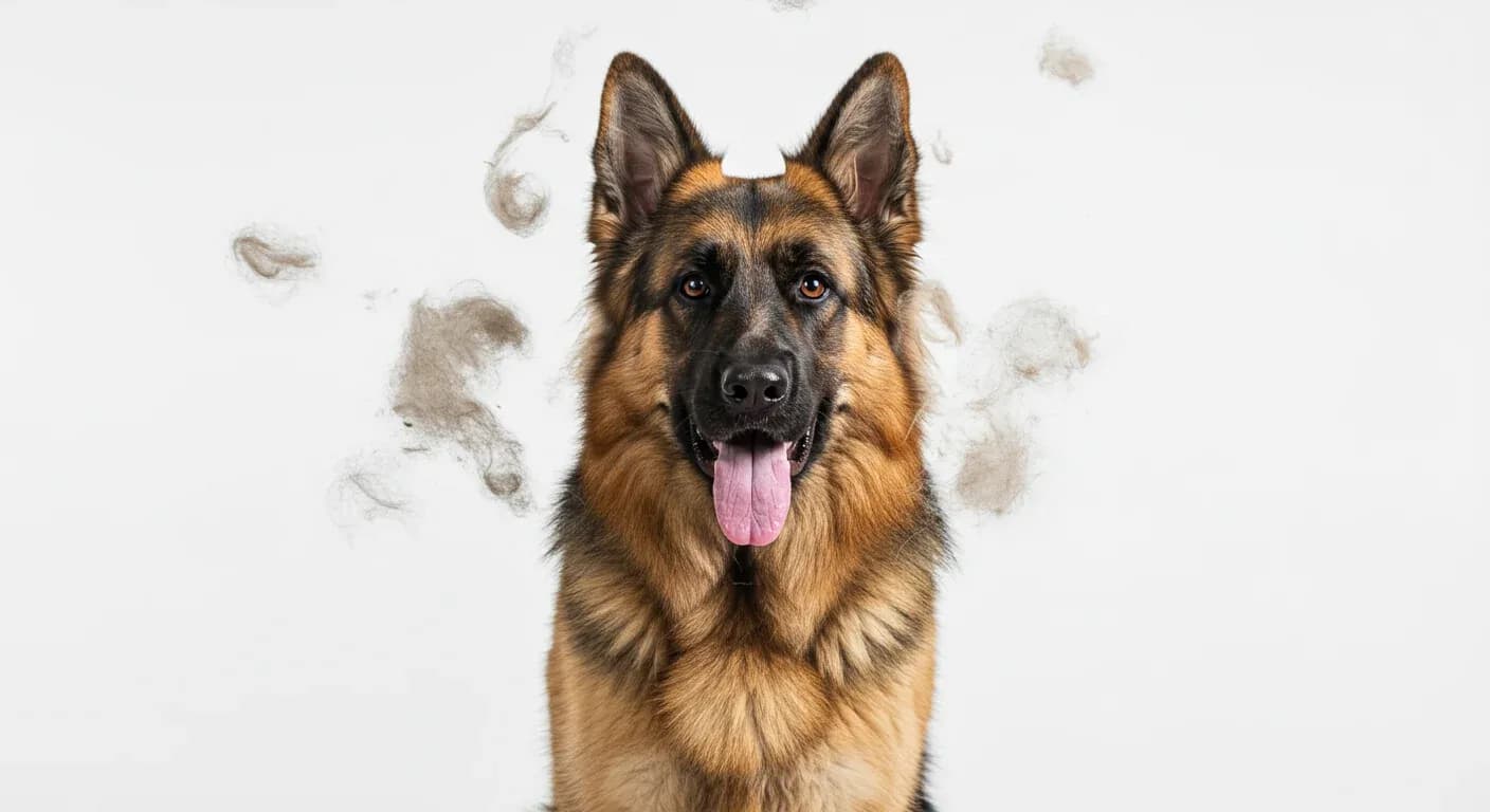 German Shepherd dog centered in frame with visible shedding fur around it, illustrating the article's focus on managing German Shepherd shedding