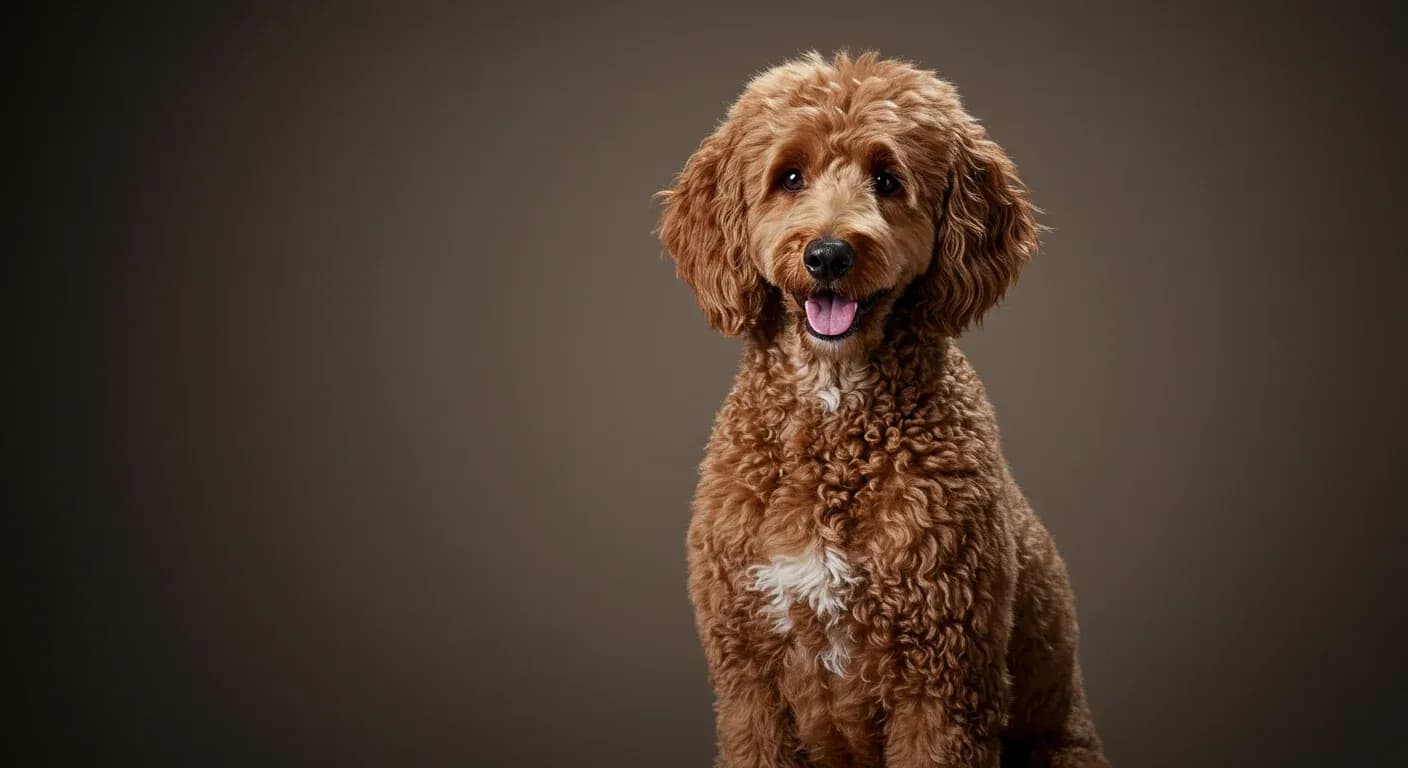 A Standard Poodle with a teddy bear cut sitting in a professional studio portrait, demonstrating the popular grooming style discussed in the article