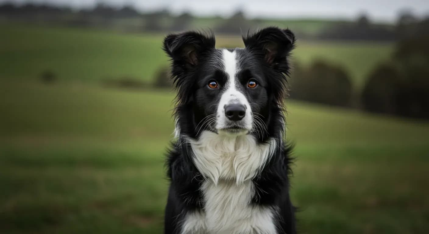 Alert Border Collie with intense, intelligent eyes centered in frame against blurred Australian countryside, showcasing the breed's renowned intelligence and herding instincts