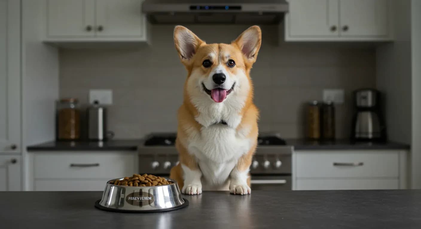 A Pembroke Welsh Corgi sitting at a kitchen counter next to a measured portion of dog food, illustrating proper portion control and feeding practices for the breed