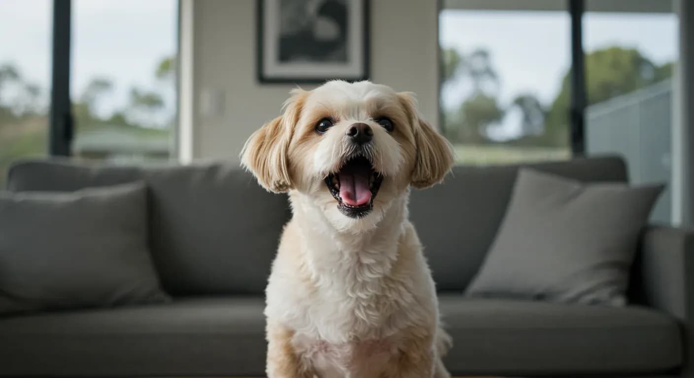 A Shih Tzu dog barking in a living room, demonstrating the vocal communication behavior discussed in the article about understanding why these dogs bark