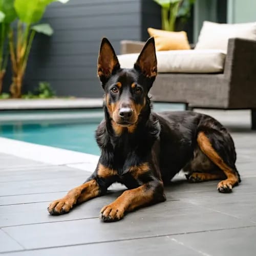 Australian Kelpie: Alert kelpie on patio with attentive expression