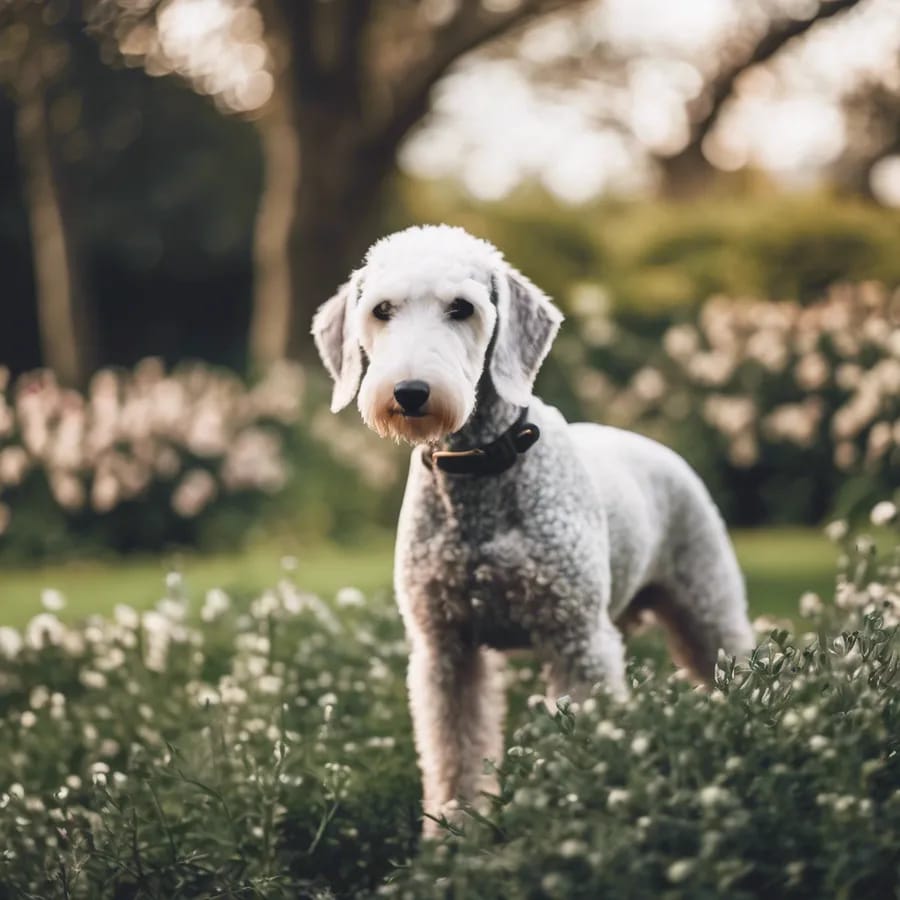 Bedlington Terrier in a landscaped garden