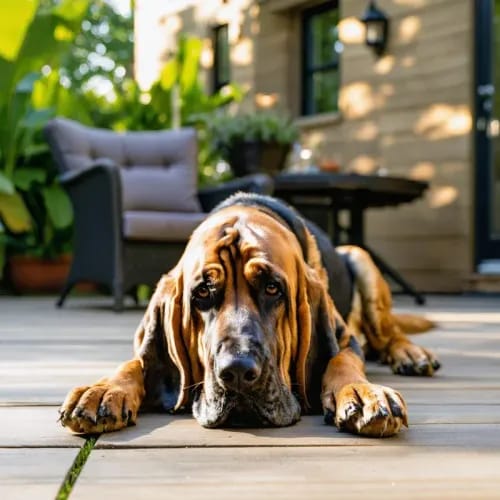 Bloodhound: Droopy-faced hound with wrinkles resting on garden patio
