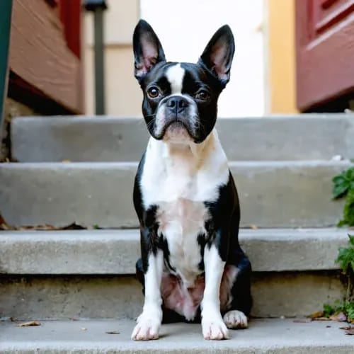 Boston Terrier: Tuxedo-patterned terrier sitting properly on urban steps
