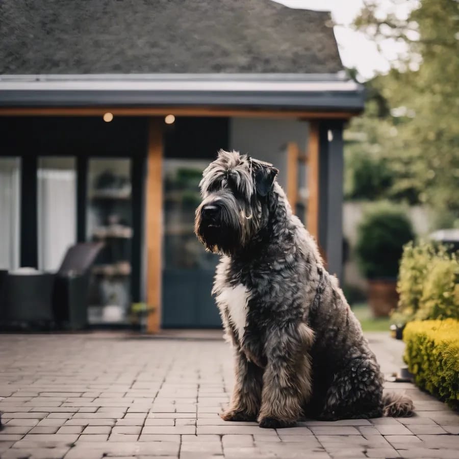 Bouvier Des Flandres standing on a patio