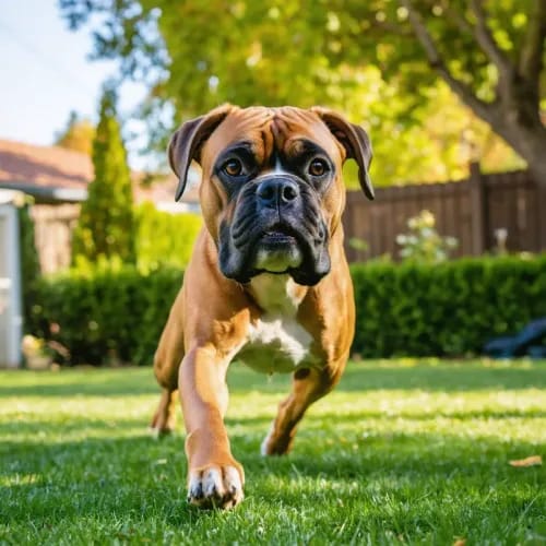 Boxer: Athletic dog with expressive face on sunny front lawn