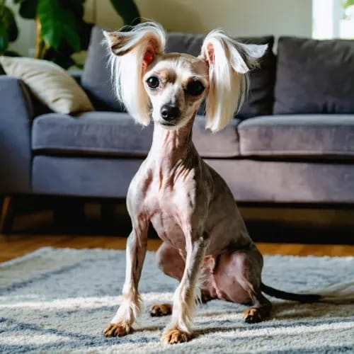 Chinese Crested: Mostly hairless dog with hair tufts in warm living room