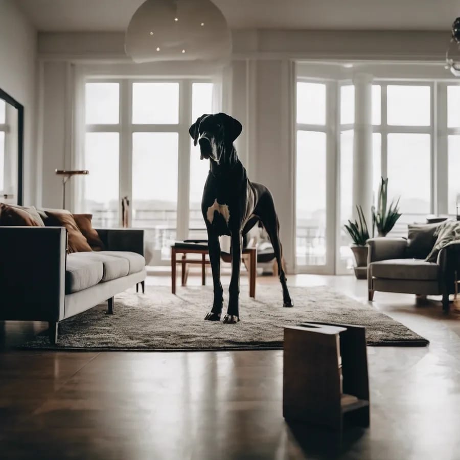 Great Dane standing in a spacious living room